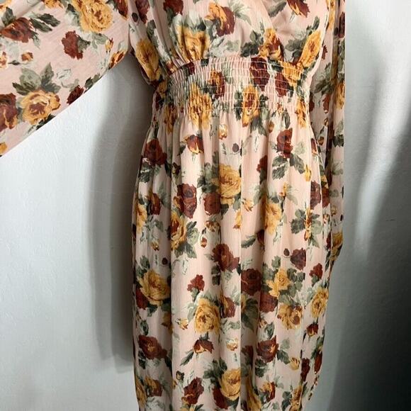 Rue21 Dress Womens Medium Yellow Cream Floral Long Sleeve Split Smock Waist - Picture 4 of 11